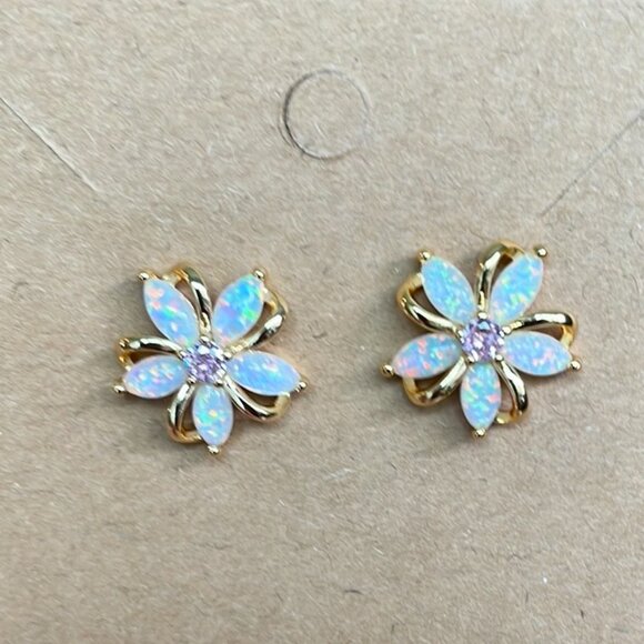 NWOT Elegant Gold and Synthetic Opal Flower Earrings Studs - Picture 5 of 5